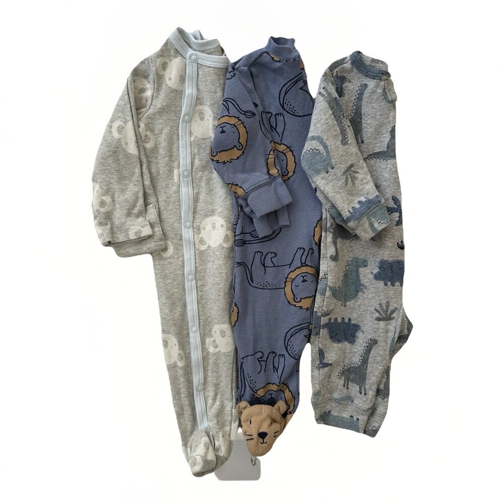 Baby Boy Bundle 3 Piece Cotton Sleepers Footie Pajamas Animal‎ Blue Size 3M